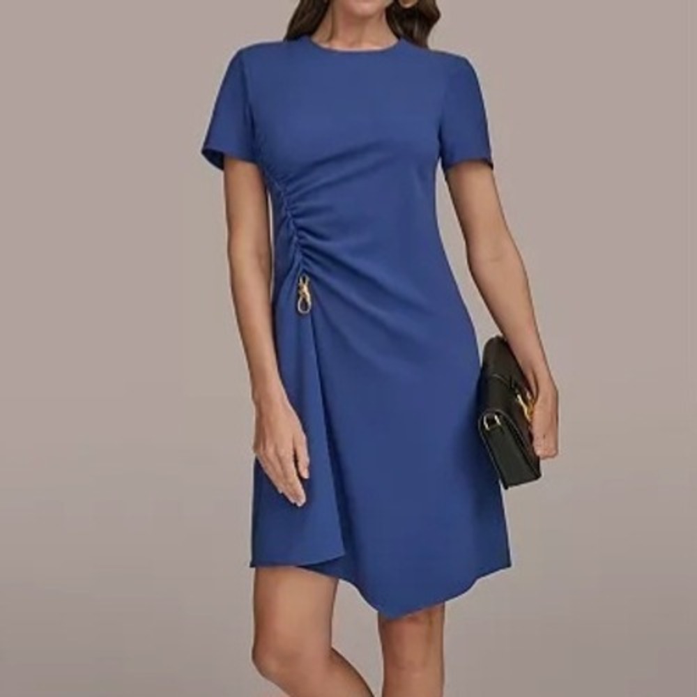 Donna Karan New York Side Ruched Hardware Trim Blue Dress Womens Size 0P NWT